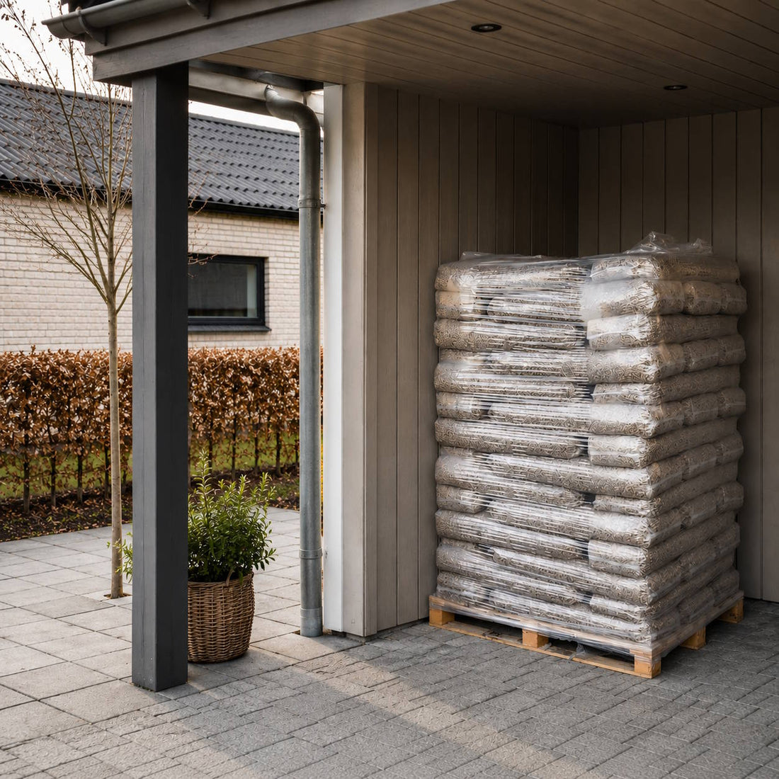 Træpiller leveret i carport