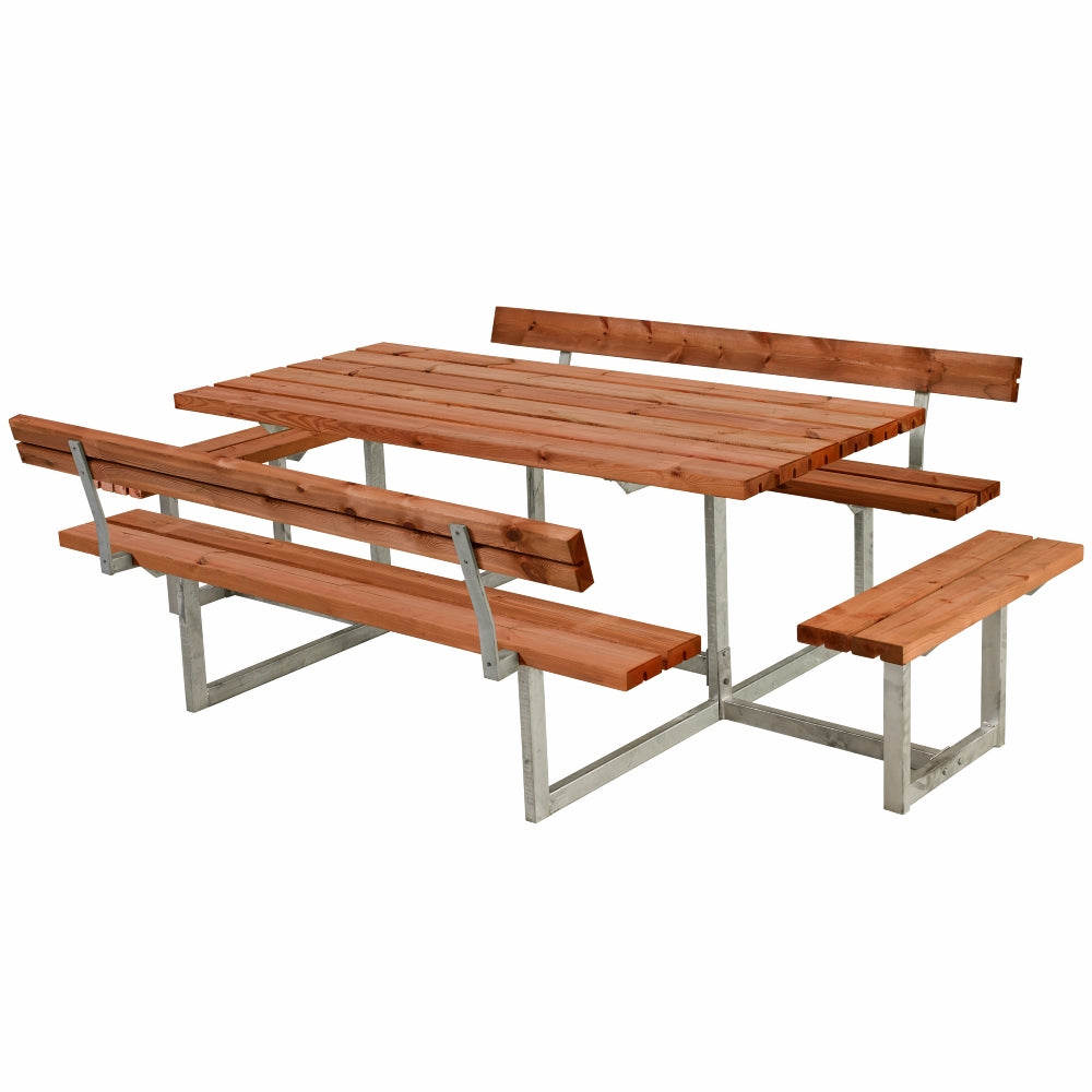 Grundmalet teak bord-/bænkesæt med 2 ryglæn og 2 påbygninger, 260 cm
