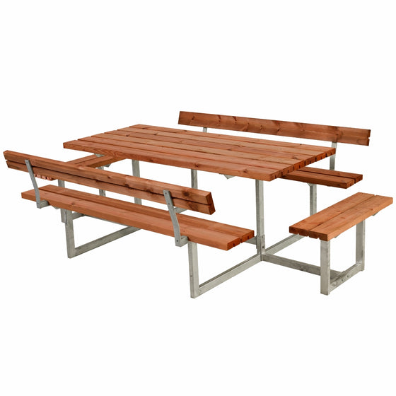 Grundmalet teak bord-/bænkesæt med 2 ryglæn og 2 påbygninger, 260 cm