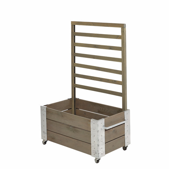 Gråbrun plantekasse med espalier og hjul, set forfra med hjul